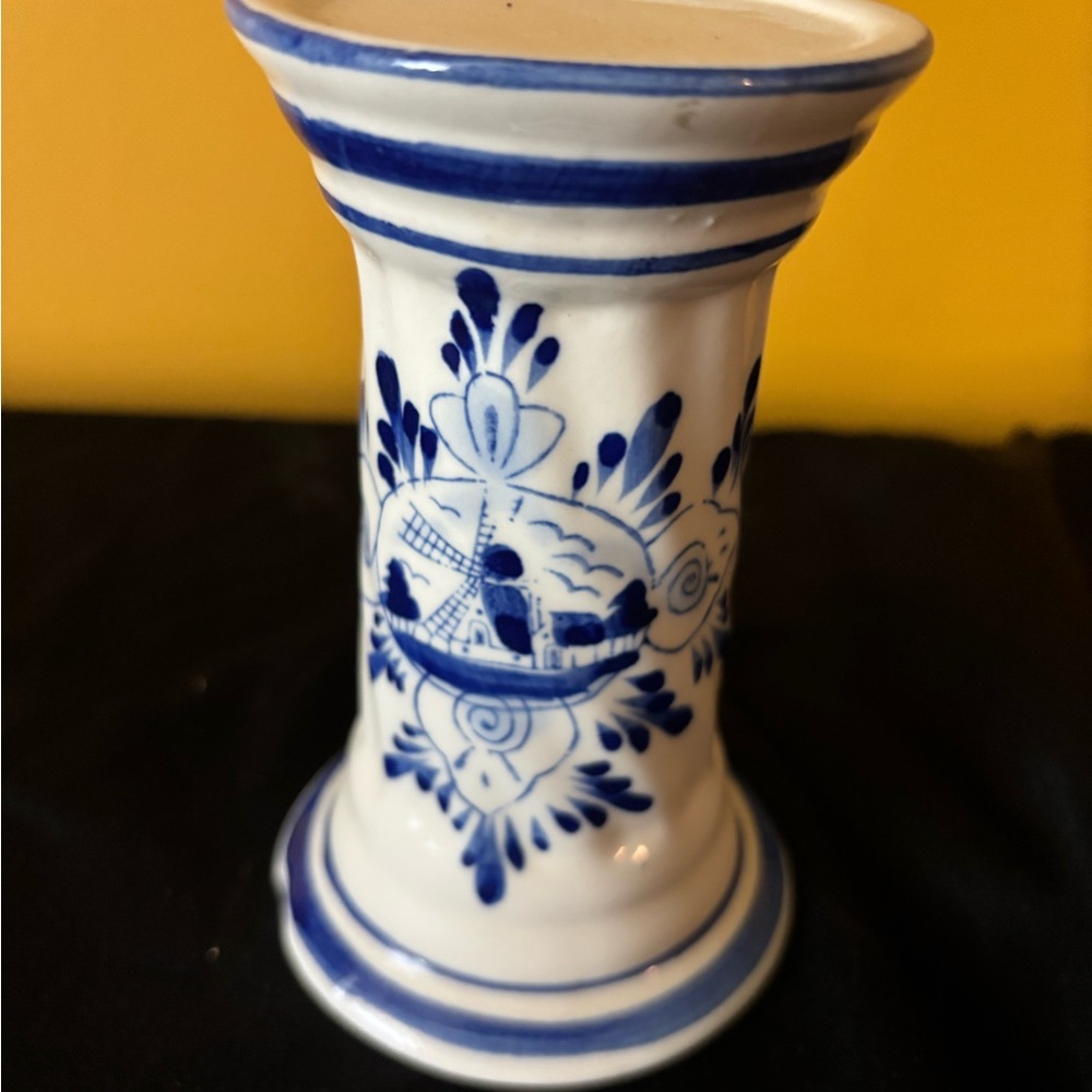 Vintage Blue and White Ceramic Pillar Candle Holder cup has a chip